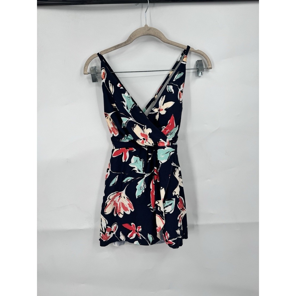 Anne Cole Floral Surplice One Piece Swimsuit Women 10 Navy Blue Beach Resortwear